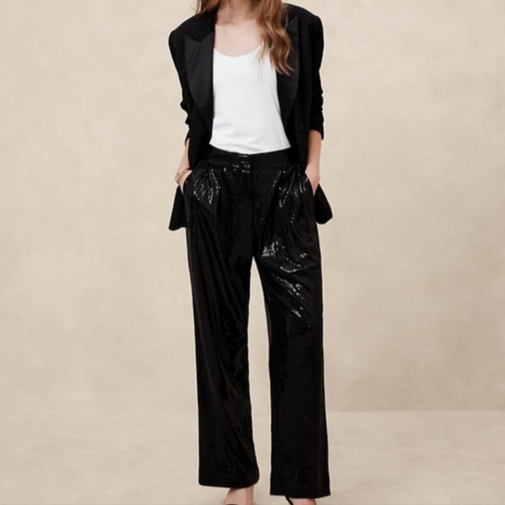Banana Republic Black Sequin Pleated Wide Leg Pants